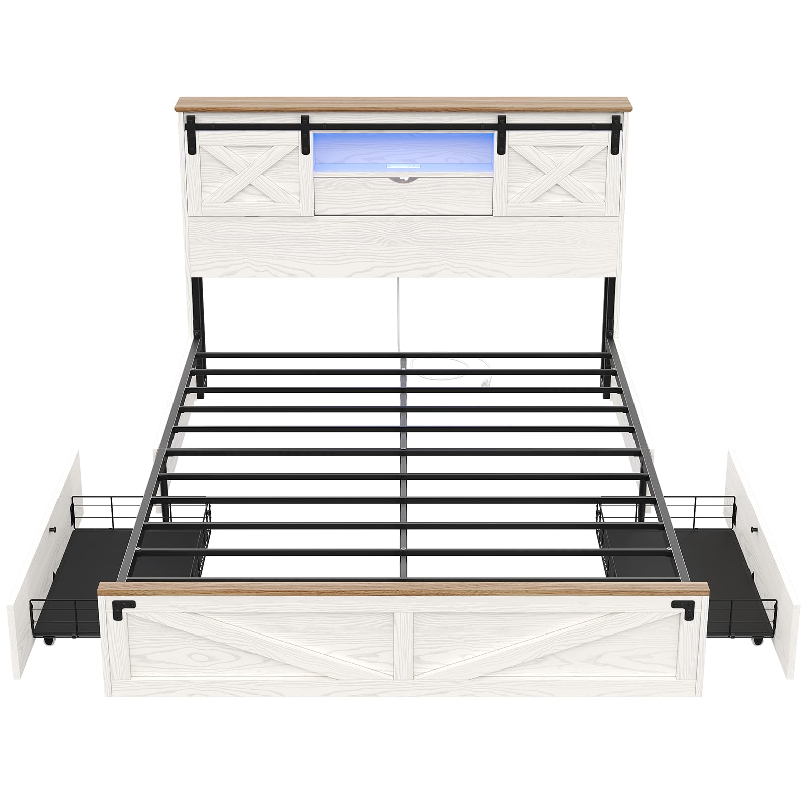 Hasuit Farmhouse Bed Frame Queen Size with LED Lights and Charging Station, Wooden Queen Bed with 2 Storage Drawers, Rustic Headboard with Sliding Barn Door Storage Cabinets, White - WoodArtSupply