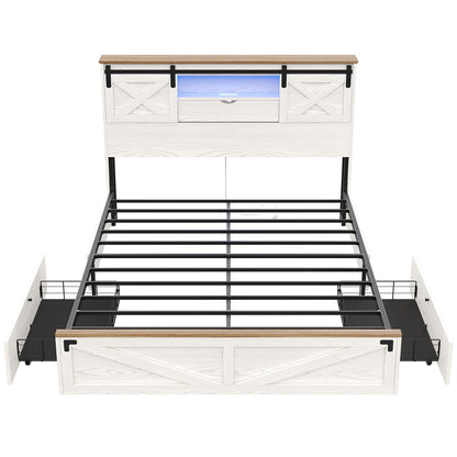 Hasuit Farmhouse Bed Frame Queen Size with LED Lights and Charging Station, Wooden Queen Bed with 2 Storage Drawers, Rustic Headboard with Sliding Barn Door Storage Cabinets, White - WoodArtSupply