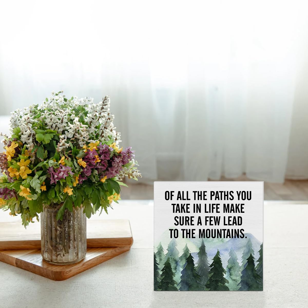 Inspirational Quote Desk Wooden Sign Decor of All the Paths You Take in Life Square Wood Sign Desk Decoration Watercolour Mountain Art Wood Block Box Sign for Shelf Home 5 x 5 Inches YXSEZ