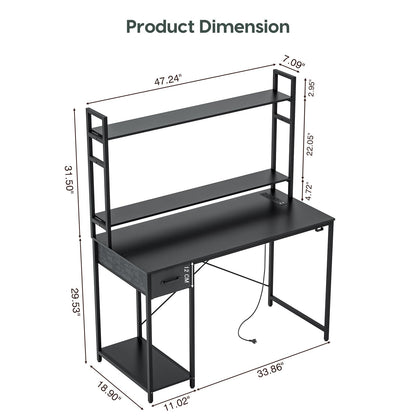 WASAGUN Gaming Desk with Storage Shelves,47 Inch Computer Desk with Hutch,Home Office Small Desk with Drawers,Corner PC Desk,Writing Desk for Bedroom,Black