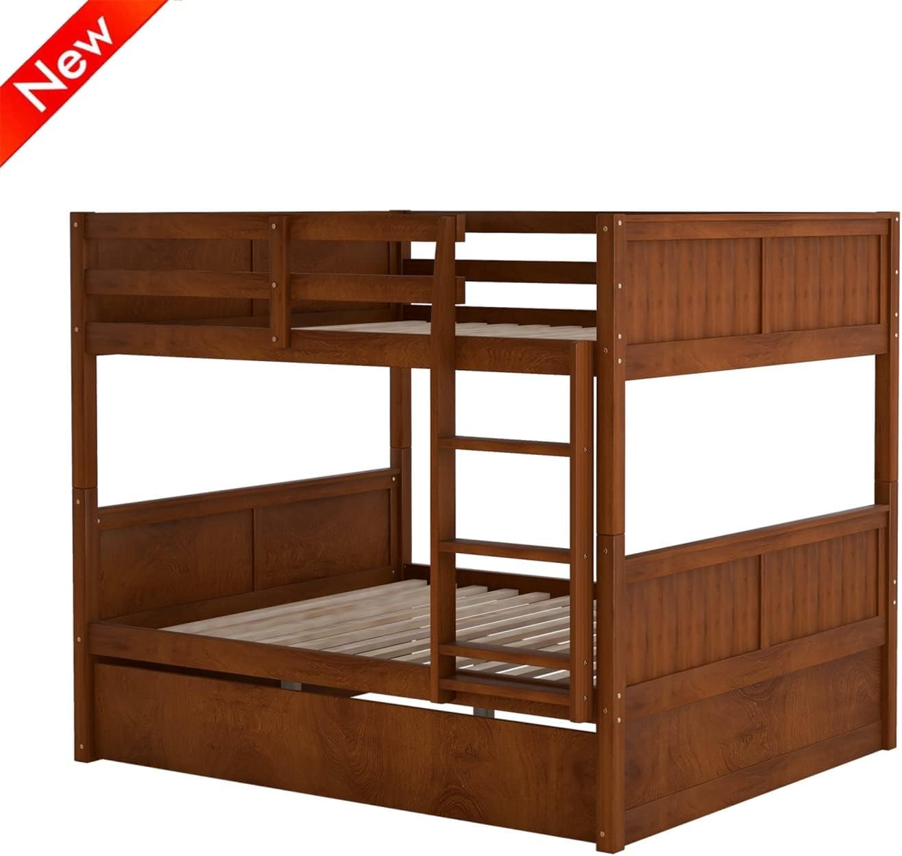 TSAMPA Latest Upgraded & Stronger Convertible Solid Wood Full Over Full Bunk Bed with Trundle, More Stable Thicken Heavy Duty Bunk Bed Frame Full Over Full Size Bunkbed (Easier to Assemble) (Walnut)