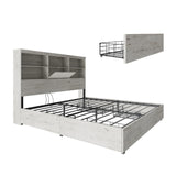 AMERLIFE King Size Bed Frame Wooden Platform Bed with 51.2" Storage LED Bookcase Headboard, 4 Storage Drawers & Charging Station/No Box Spring Needed/Noise Free/Distressed White AMERLIFE