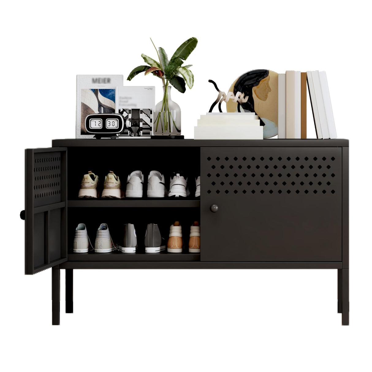 biosp 2 Door Metal Accent Cabinet 25" H Metal Storage Cabinet for Home Office Hallway Entryway Garage Basement, TV Stand for Living Room, Black biosp