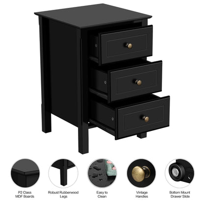 Yaheetech Bedside Table Set of 2, Nightstand with 3 Drawer and Solid Wood Legs, Accent Night Stand with Storage Cabinet for Bedroom Home Office, 16″ L × 16″ W × 24″ H, Black