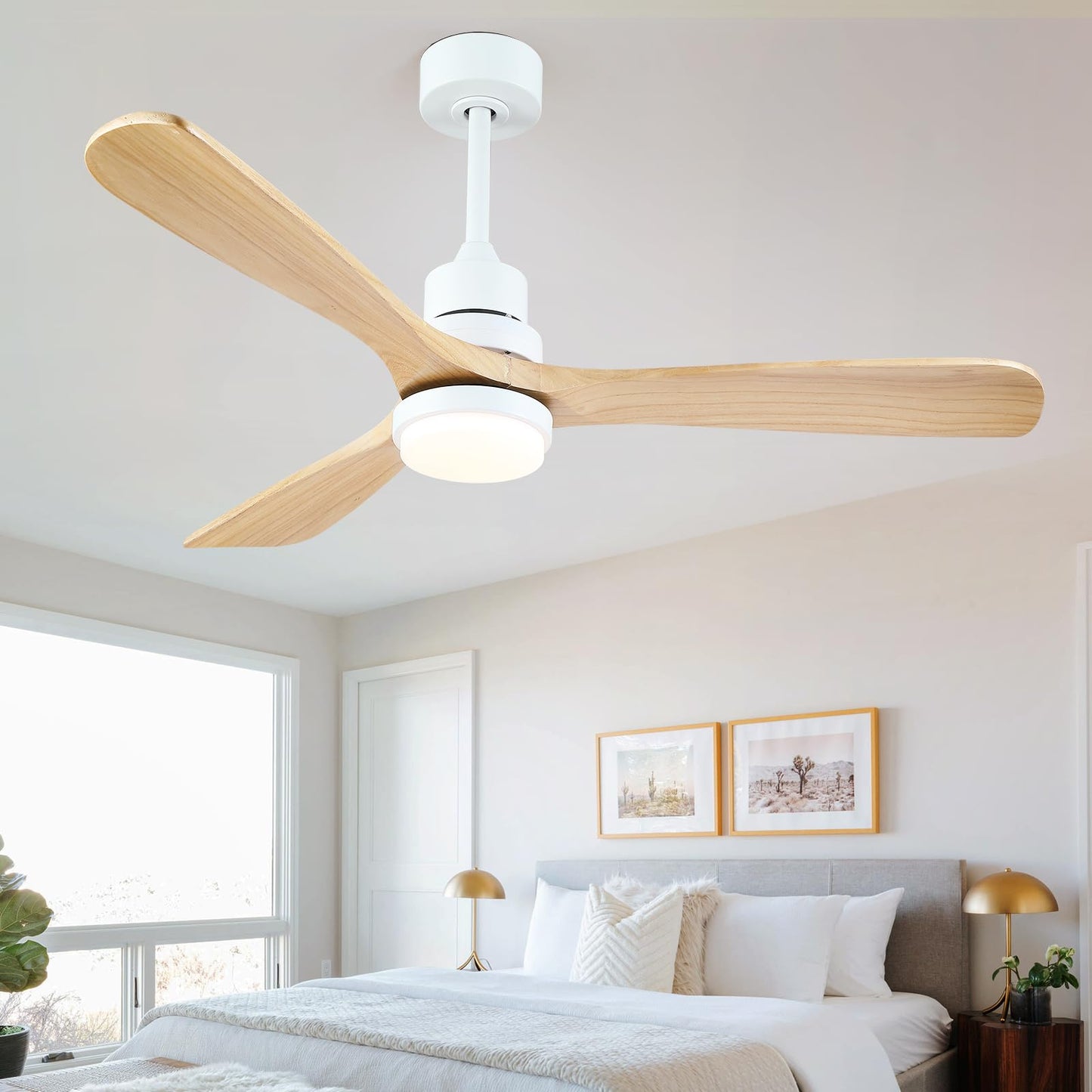 Mpayel 52" Wood Ceiling Fan - Farmhouse Ceiling Fan Light with 3 Solid Wood Reversible Blades, 6 Speeds, Indoor Outdoor Ceiling Fan for Patios, White