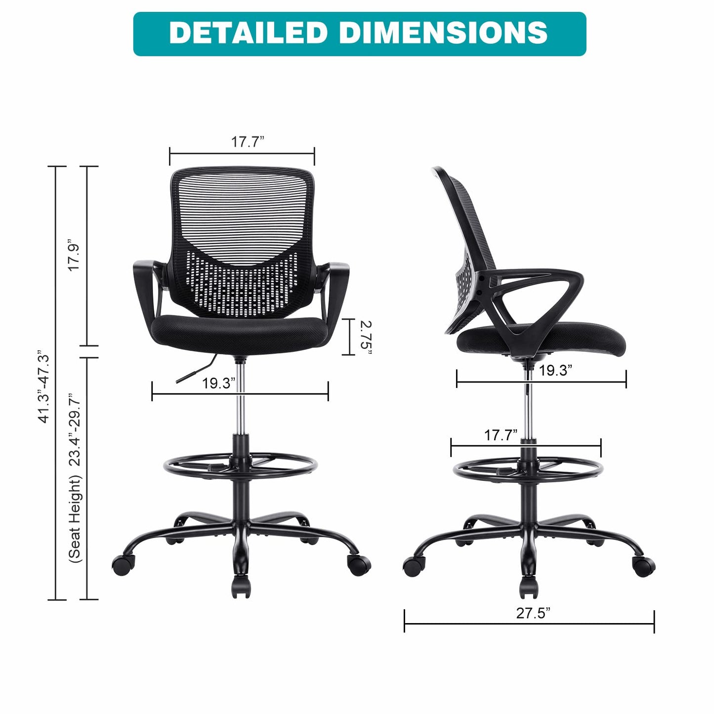 Tall Office Chair, Drafting Chair, Standing Desk Chair, High Adjustable Office Mesh Chair, Ergonomic Counter Height Computer Rolling Chair with Armrests and Foot-Ring for Bar Height Desk - WoodArtSupply