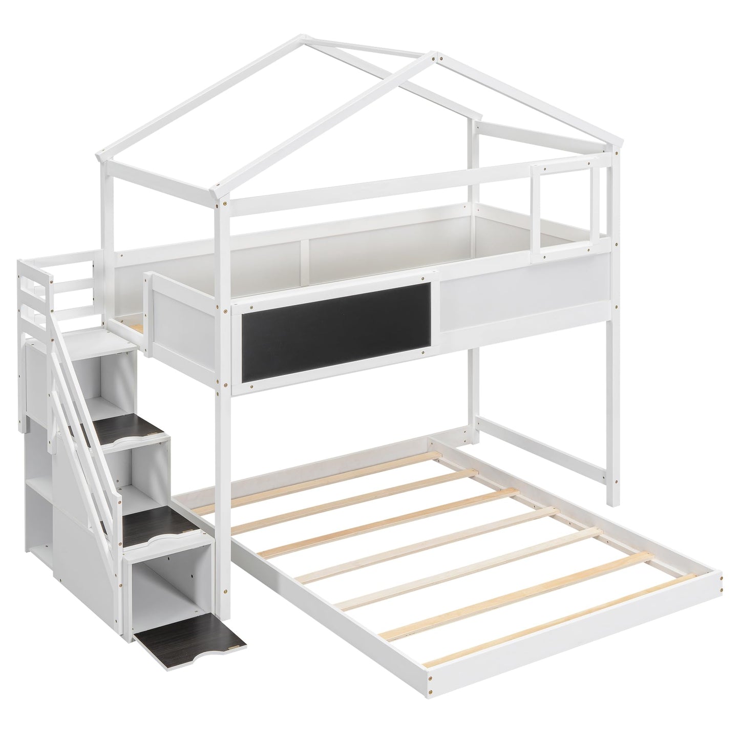 Harper & Bright Designs House Bunk Bed with Stairs,Twin Over Full Bunk Beds with Blackboard,Wood Kids Floor Bunk Bed Frame with Storage Shelves,Space-Saving Design, White