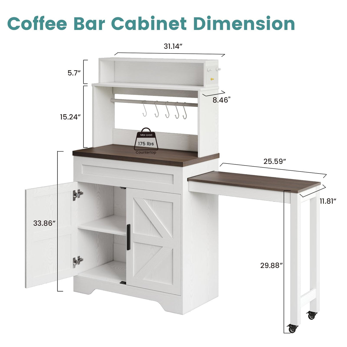 ANCTOR Coffee Bars Farmhouse Cabinet with Hutch, 56.7'' Extendable Kitchen Buffet Sideboard with 5 Hooks, Magnetic Note Zone Adjustable Shelves, White Wine Cabinet for Dining Room ANCTOR