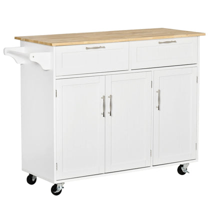 HOMCOM Mobile Kitchen Island with Storage, Kitchen Cart with Wood Top, Storage Drawers, 3-door Cabinets, Adjustable Shelves and Towel Rack, White