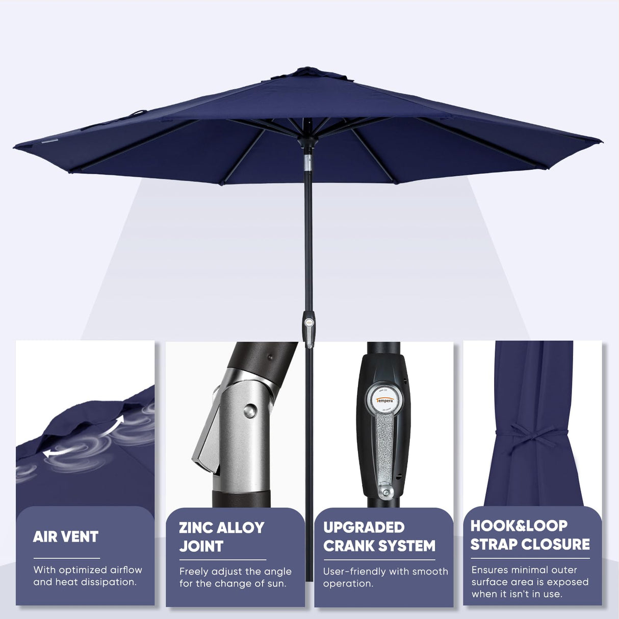 Tempera 10FT Patio Market Outdoor Table Umbrella with Auto Tilt and Crank,Large Sun Umbrella with Sturdy Pole&Fade resistant canopy,Easy to set, NAVY Tempera