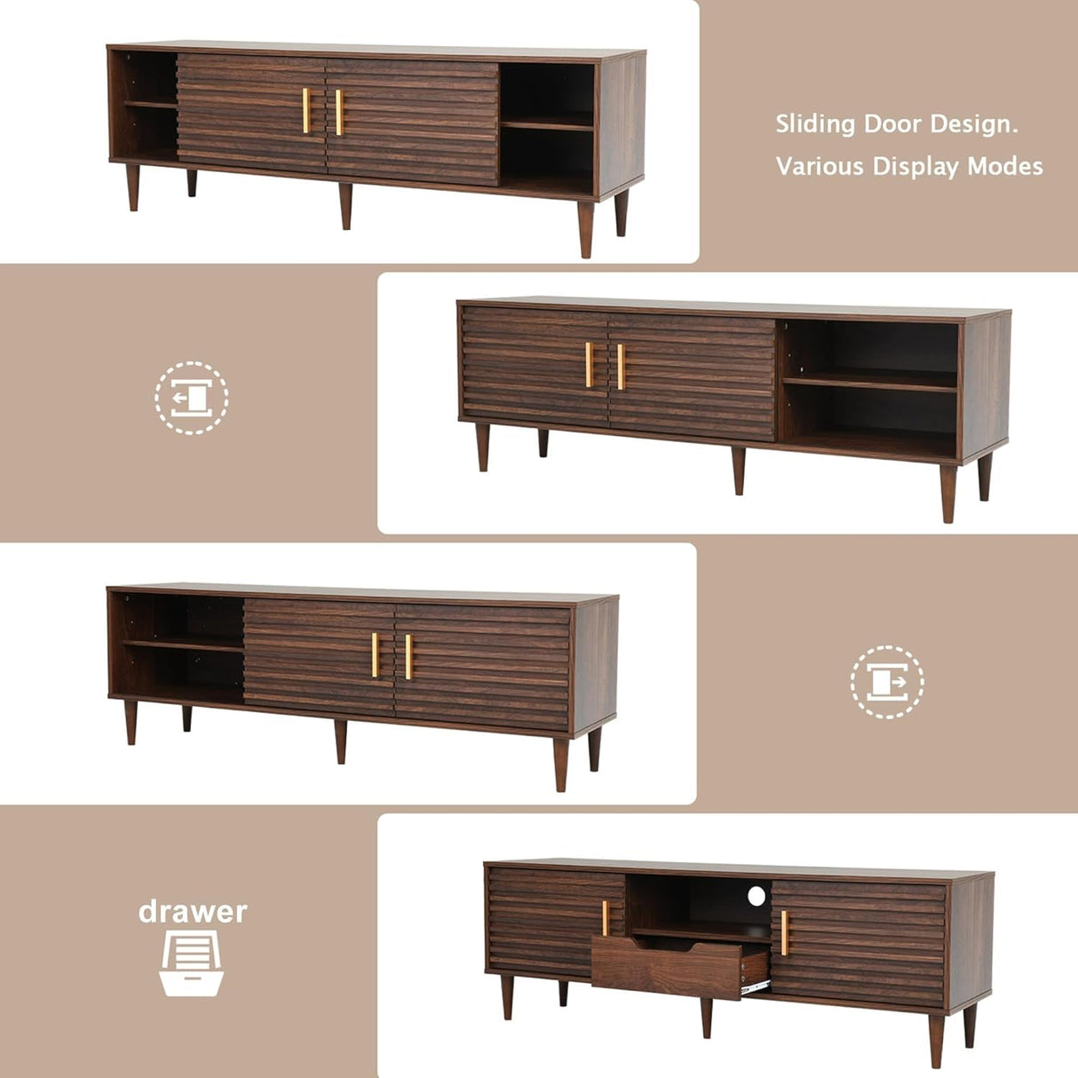 Whalefall Mid Century TV Stand for 65+ Inch TV, Entertainment Center with Sliding Door, Drawer, Storage Shelves, Mid Century Modern Media TV Console, Boho Television Stand for Living Room (59",Brown) Whalefall