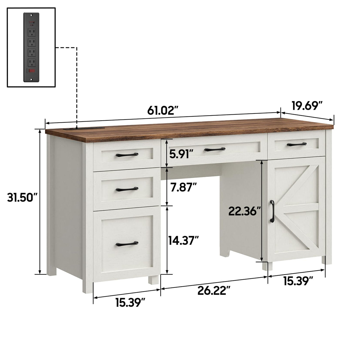 Farmhouse 61'' Executive Desk with 5 Drawers, Rustic Office Desk Computer Desk with Charging Station, File Drawers and Storage Cabinet, Wood Workstation for Home Office and Study, Unique White Halitaa