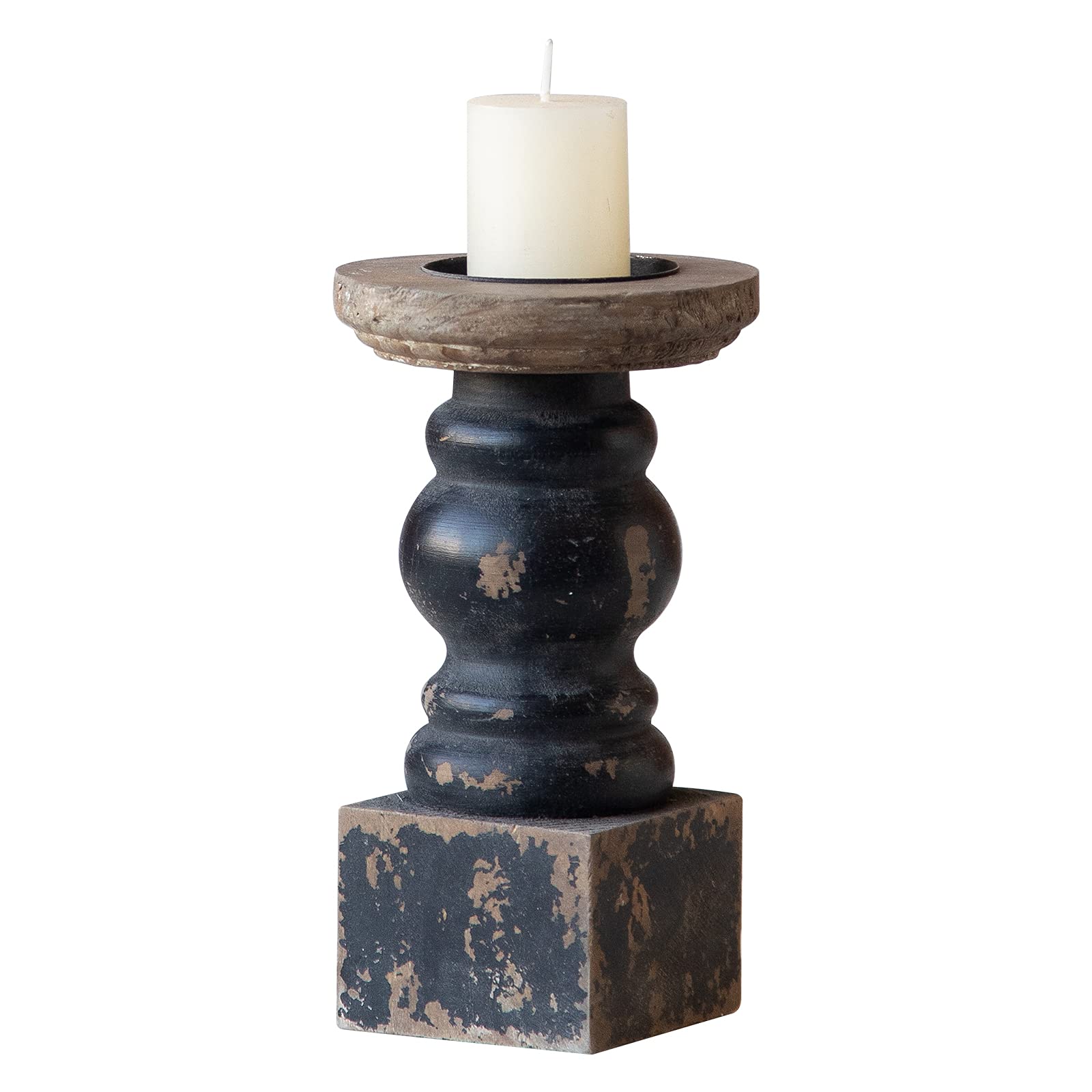 Wooden Black Candle Holder, Decorative Candle Holders for Table, Rustic Pillar Candle Holder, Table Centerpieces for Dining Room, Shabby Chic Candlestick, Home Decor (3.9" x 3.9" x 7.1") - WoodArtSupply