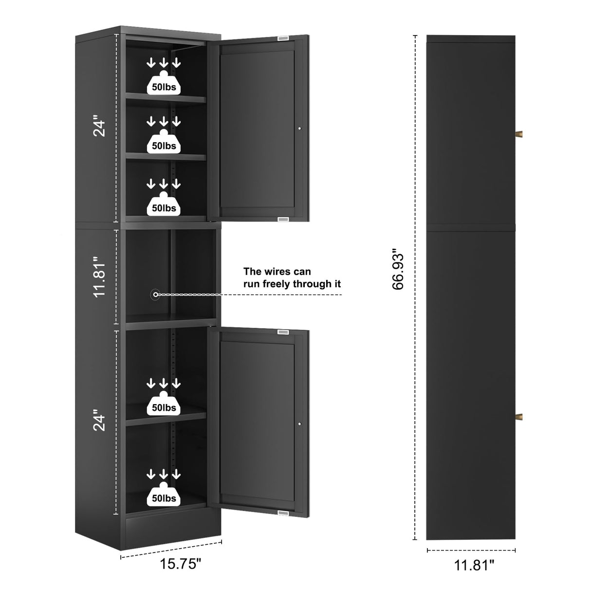 Bevivog Tall Bathroom Storage Cabinet,Narrow Metal Cabinet with Open Compartment,Freestanding Floor Cabinets Adjustable Shelves for Small Spaces, Slim Kitchen Pantry,Living Room,Black Bevivog