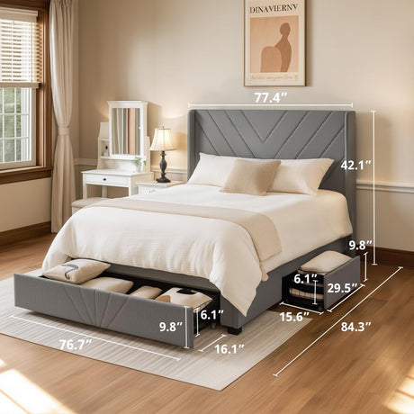 COMHOMA King Bed Frame with Headboard and USB & Type-C Charging Ports,Storage Drawers,Modern Upholstered Platform Frames with Padded Headboard, Heavy Duty Structure,No Box Spring Needed,Grey COMHOMA
