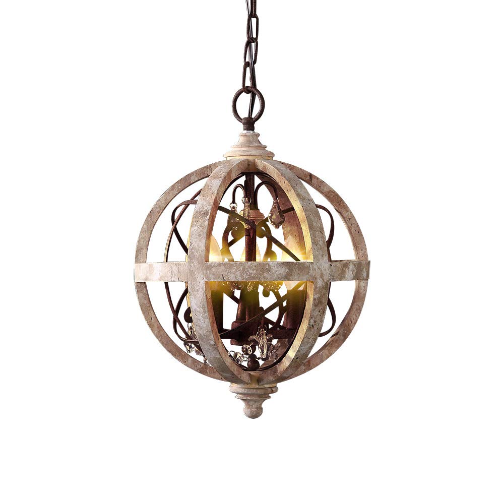 KunMai Rustic Retro Weathered Wooden Globe Metal Orb Crystal 3-Light Chandelier Candle Style Pendant Light for Kitchen Island Entry Area Living Room (Small) KunMai