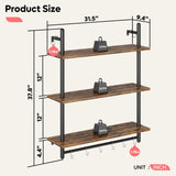 Bestier 3 Tier Industrial Pipe Shelving, Floating Book Shelves for Wall, Storage Hanging Shelves with Towel Bar for Bathroom Organizer Bedroom Kitchen Plants Office. 31.5 Inch Rustic Brown Bestier