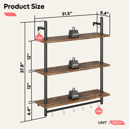 Bestier 3 Tier Industrial Pipe Shelving, Floating Book Shelves for Wall, Storage Hanging Shelves with Towel Bar for Bathroom Organizer Bedroom Kitchen Plants Office. 31.5 Inch Rustic Brown