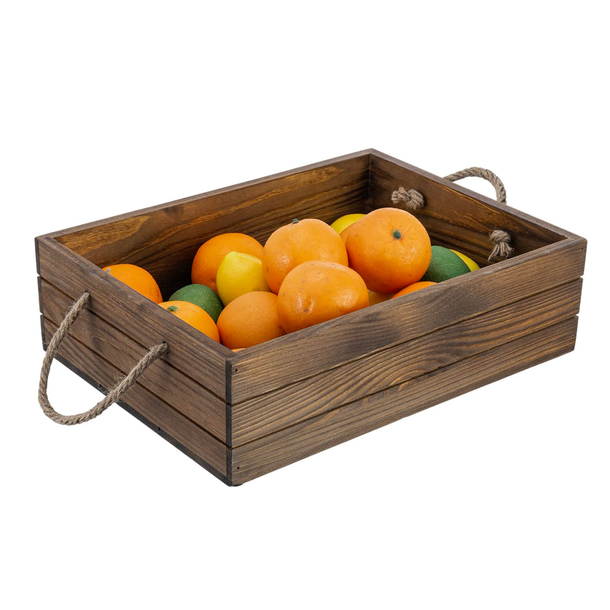 MyGift 15 Inch Large Rustic Brown Solid Wood Decorative Storage Box with Rope Carrying Handles, Country Style Wooden Crate, Farmhouse Pallet Design Open Top Bin MyGift