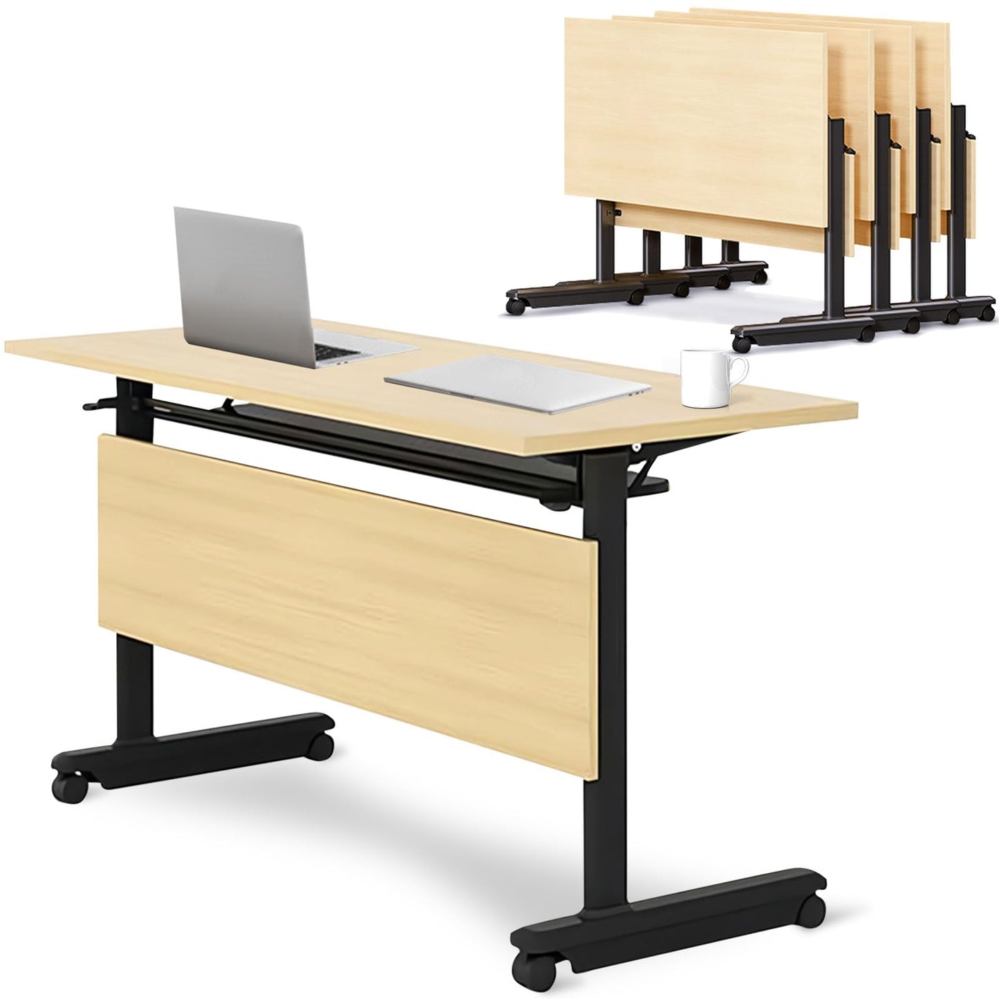 Conference Room Table,55.1" W x 23.6" D x 29.5" H Folding Modern Meeting and Office Table,Wood Conference Table with Wheels, for Training Seminar Classroom Table (4) - WoodArtSupply