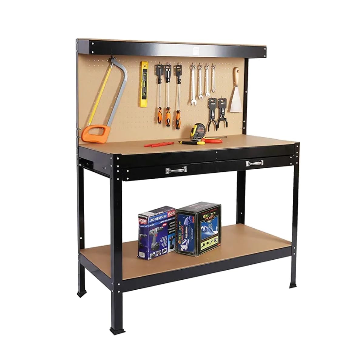 Heavy-Duty 55" Steel Workbench with Drawer & Pegboard - Versatile Tool Organizer, 300 lbs Capacity, Ideal for Workshops, Garages & Home Projects HEIGHYOXP