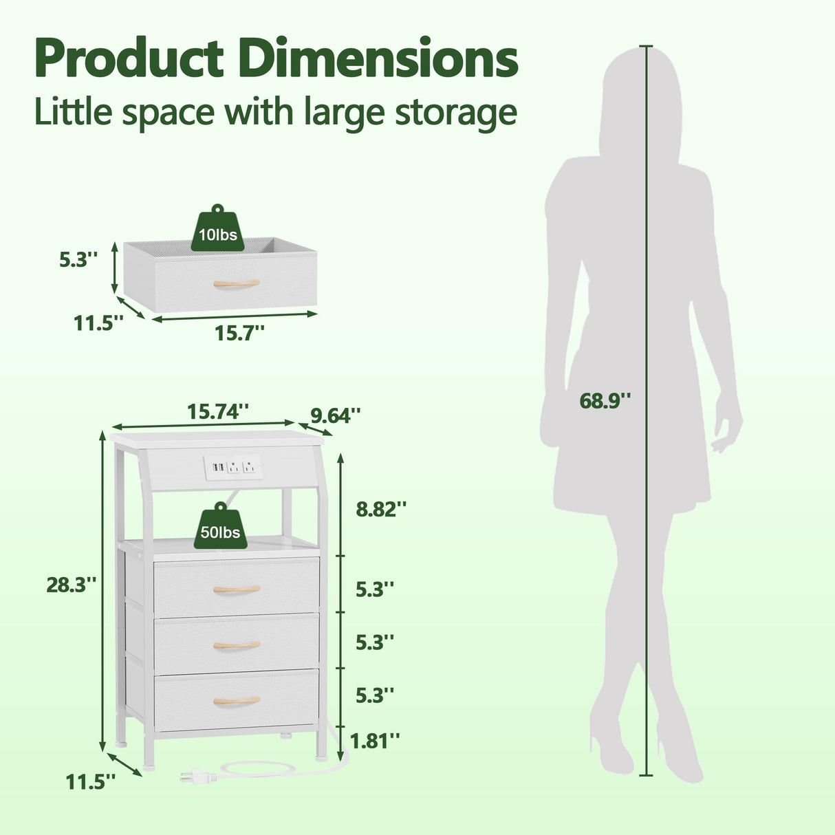 Furnulem Night Stand with Charging Station, 28.3 Inch Tall Bedside Table with PVC Drawers, End Table with USB Ports and Outlets, 3 Fabric Drawer Storage Nightstand for Bedroom, 3 Ways to Use, White Furnulem