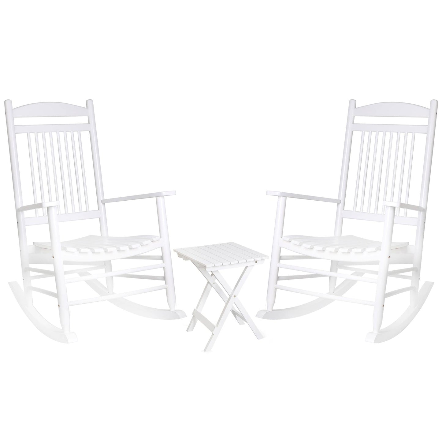 MUPATER Outdoor Rocking Chair Set 3-Piece Patio Wooden Rocker Bistro Set with Foldable Table and Curved Seat, White - WoodArtSupply