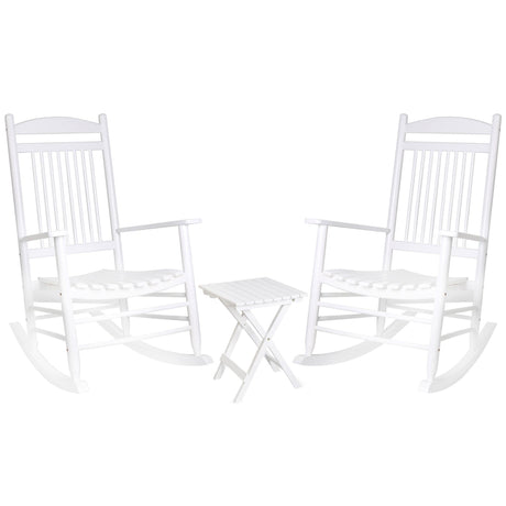 MUPATER Outdoor Rocking Chair Set 3-Piece Patio Wooden Rocker Bistro Set with Foldable Table and Curved Seat, White MUPATER