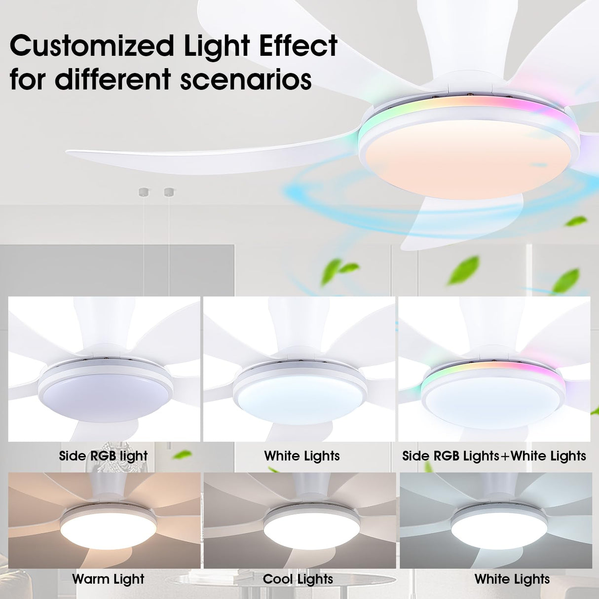 PHORUS RGB Ceiling Fans with Lights and Remote/APP,48" White Low Profile Ceiling Fans with Quiet Reversible DC Motor, Dimmable LED Ceiling Fans with 3 Colors 6 Speeds PHORUS