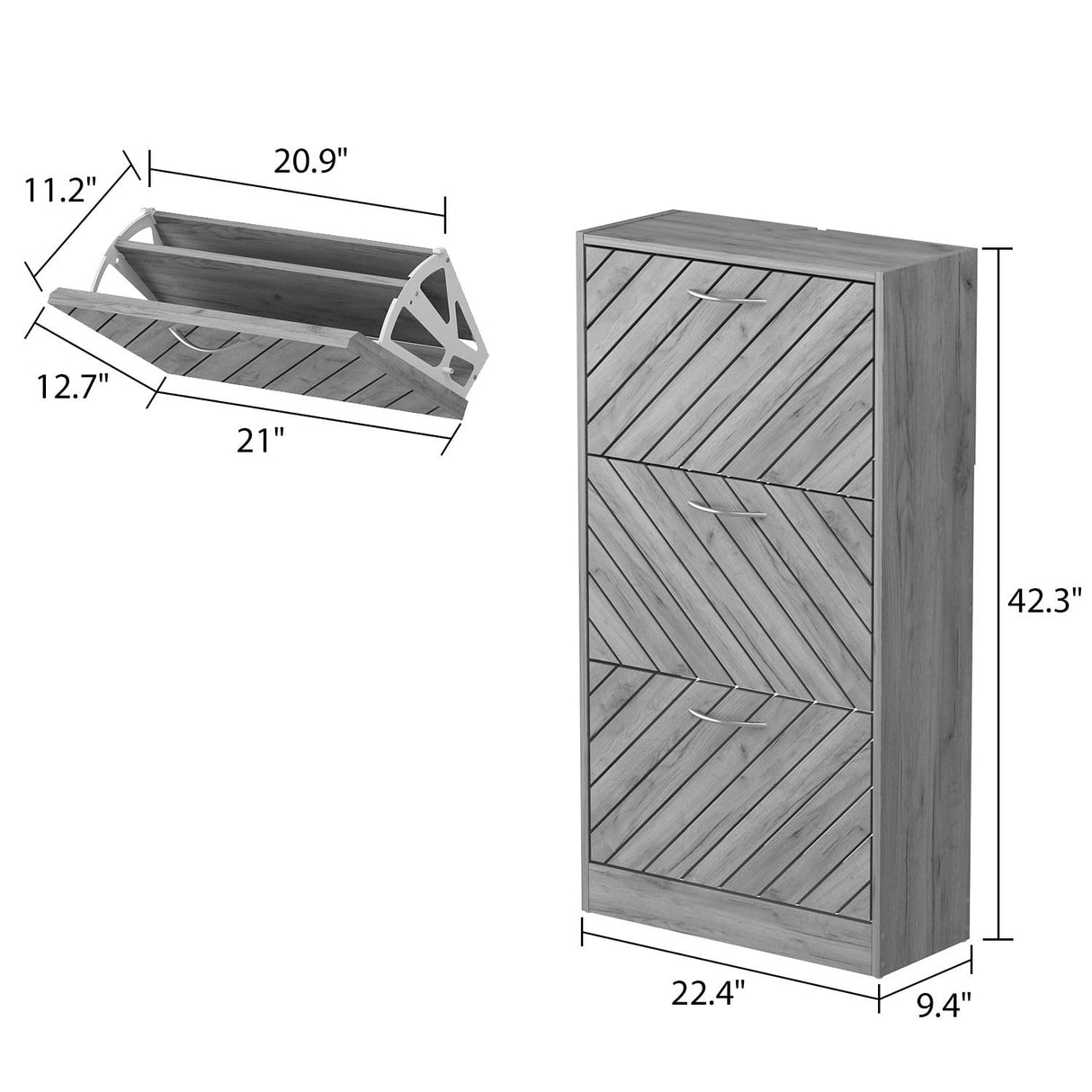 FAMAPY Modern Shoe Cabinet with 3 Flip Drawers, Freestanding Shoe Storage Cabinet, Slanted Design, Shoe Storage Organizer for Hallway Entryway Grey (22.4”W x 9.4”D x 42.3”H) FAMAPY