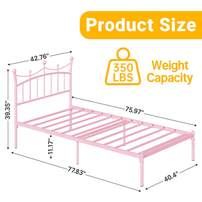 Weehom Twin Bed Frames with Headboard, Elegant Princess Bed for Girls Heavy Duty Metal Platform Bed Easy Assembly Under Bed Storage Space Twin Bed for Kids Adults, Pink