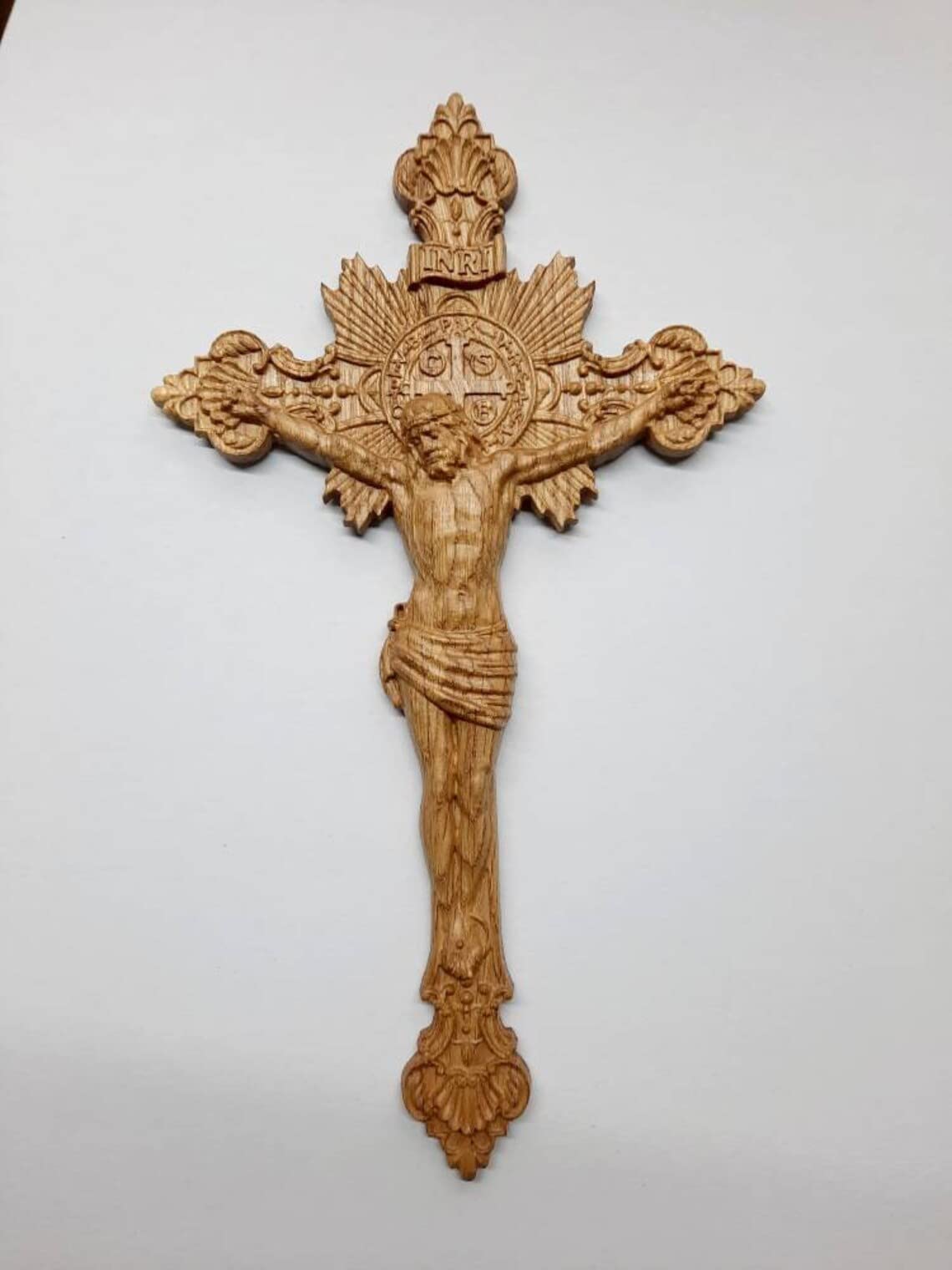 Wooden Wall Crucifix Natural Wood - Different colors - Any size - Christ Cross - Personalized Christian wooden carved Pediment - WoodArtSupply