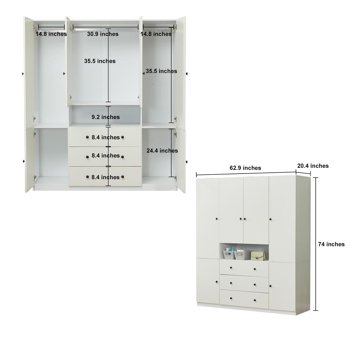 Sophshelter 4 Door White Armoire Wardrobe Closet Cabinet, Wooden 3 Drawers Tall Cabinet Closet for Large Capacity, Storage Cabinet Large Storage Cabinet with 5 Hanging Rod 63" L x 20.3" W x 72" H Sophshelter