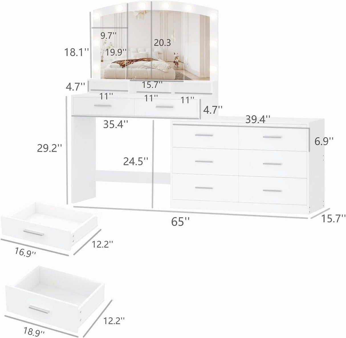 Irontar Vanity Desk with Large Mirror and 3-Color Lights, Makeup Vanity with 8 Drawers & Open Shelf, Side Cabinet with Width Adjustable, Makeup Table for Women, White WDT007W Irontar