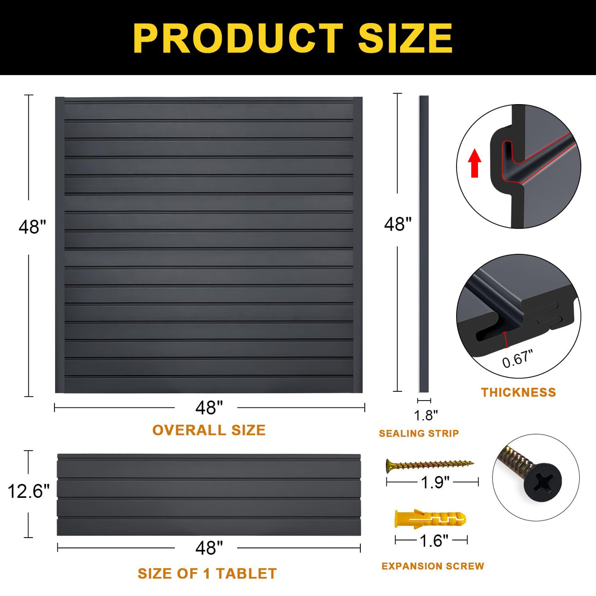 HUZJIEHUI 4'H x 4'W PVC Slatwall Panels Garage Wall Storage System, GraphiteSlat Wall Paneling Garage Organizers HUZJIEHUI