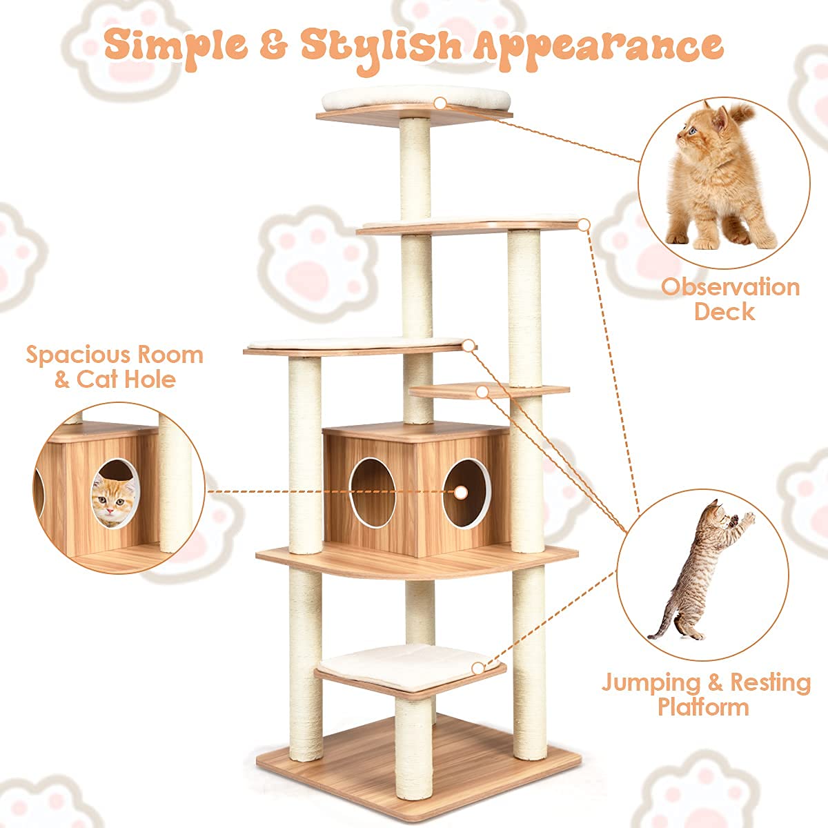 Tangkula Tall Cat Tree, 69-Inch Modern Cat Tower with Sisal Rope Scratching Posts, Wood Cat Tree with Multi-Layer Platform, Cat Condo Furniture with Washable Cushions for Indoor Cats Large Adult Tangkula