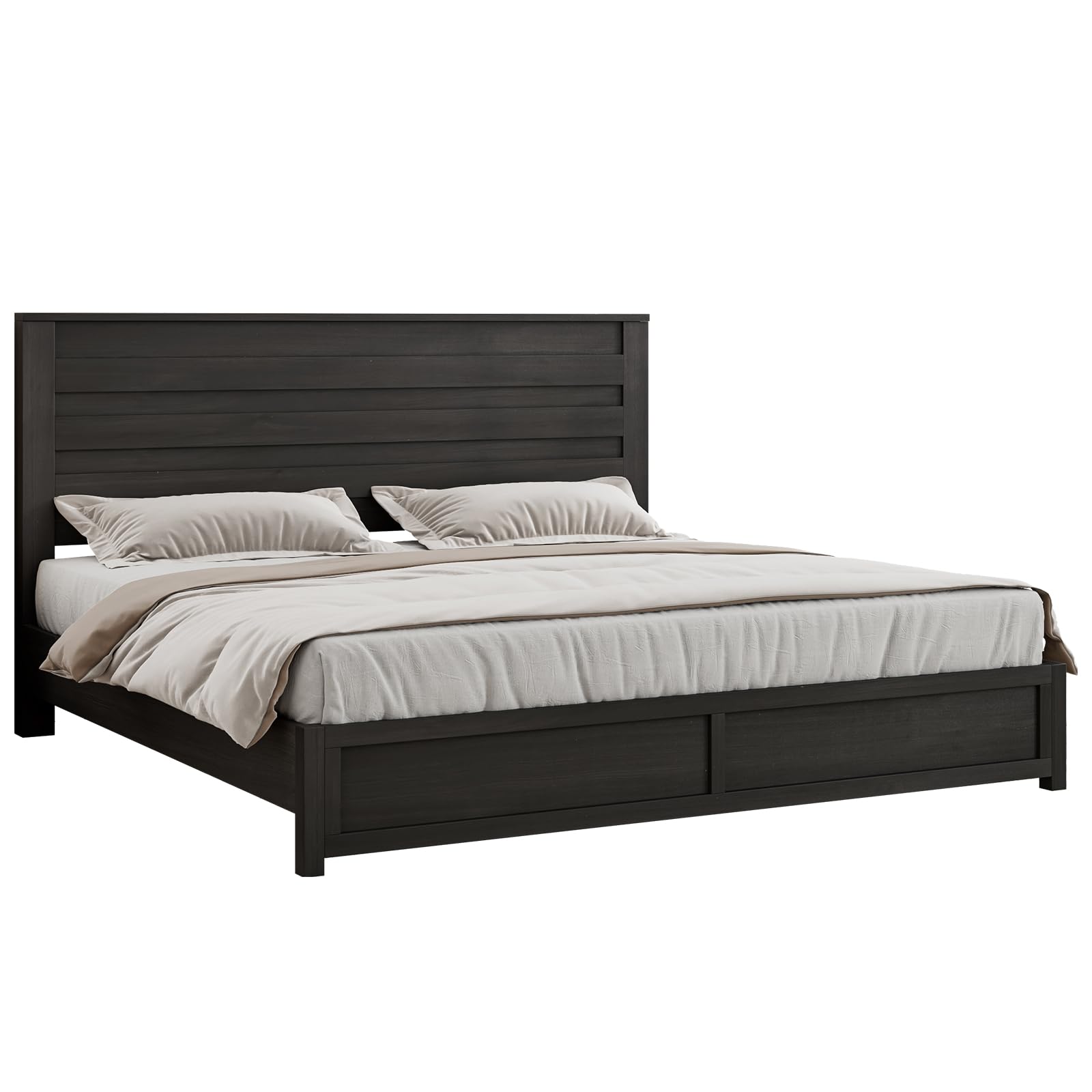 LUXOAK Farmhouse King Bed Frame with 49" Headboard - Stylish Black Wooden Platform Bed, No Box Spring Needed - WoodArtSupply