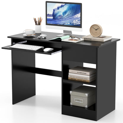 Tangkula Black Desk with Drawer, Wooden Computer Desk with Pull-Out Keyboard Tray & Adjustable Storage Shelves, Modern Laptop PC Desk with CPU Stand, Writing Study Desk for Bedroom (Black) - WoodArtSupply