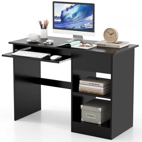 Tangkula Black Desk with Drawer, Wooden Computer Desk with Pull-Out Keyboard Tray & Adjustable Storage Shelves, Modern Laptop PC Desk with CPU Stand, Writing Study Desk for Bedroom (Black) Tangkula