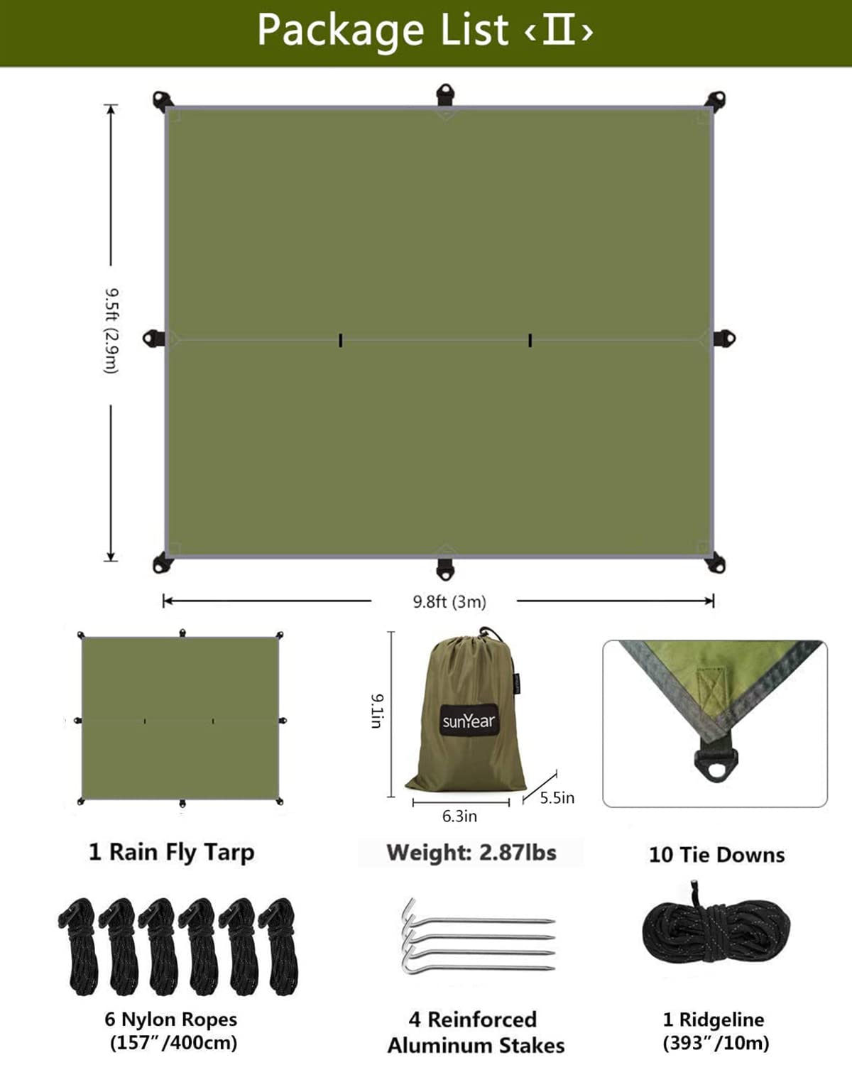 Sunyear Hammock Camping with Rain Fly Tarp and Net, Portable Camping Hammock Double Tree Hammock Outdoor Indoor Backpacking Travel & Survival, 2 Tree Straps,100% Waterproof Green Bundle Sunyear