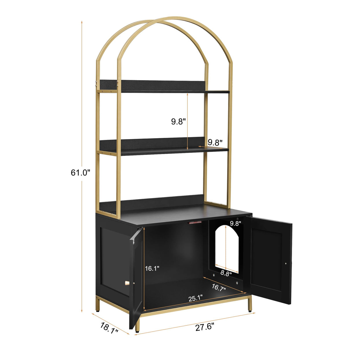 Homhedy Cat Litter Box Enclosure, Litter Box Furniture Hidden with 2-Tier Storage Shelves, Wooden Cat Washroom Furniture with Metal Frame, Cat House, Modern Style, Black and Gold Homhedy