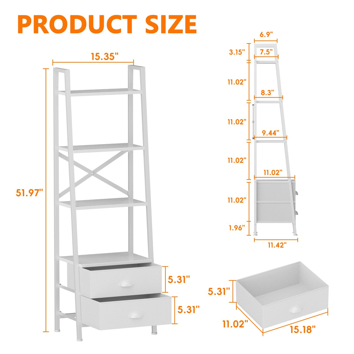Furologee 4-Tier Ladder Shelf,Small Bookshelf with 2 Drawers,Vertical Bookcase Storage Rack Organizer,Display Bookshelves for Living Room,Bedroom,Bathroom,Home Office,Kitchen,White Furologee