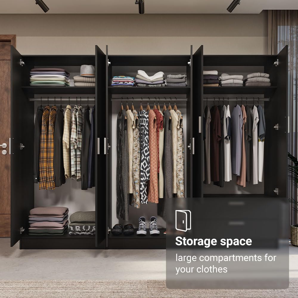 Madesa 6 Doors 2 Drawers Wardrobe Set Armoire Closet Bedroom Storage Cabinet with Shelves and Hanging Space 94" L Wooden Clothing Organizer Unit (Black) Madesa