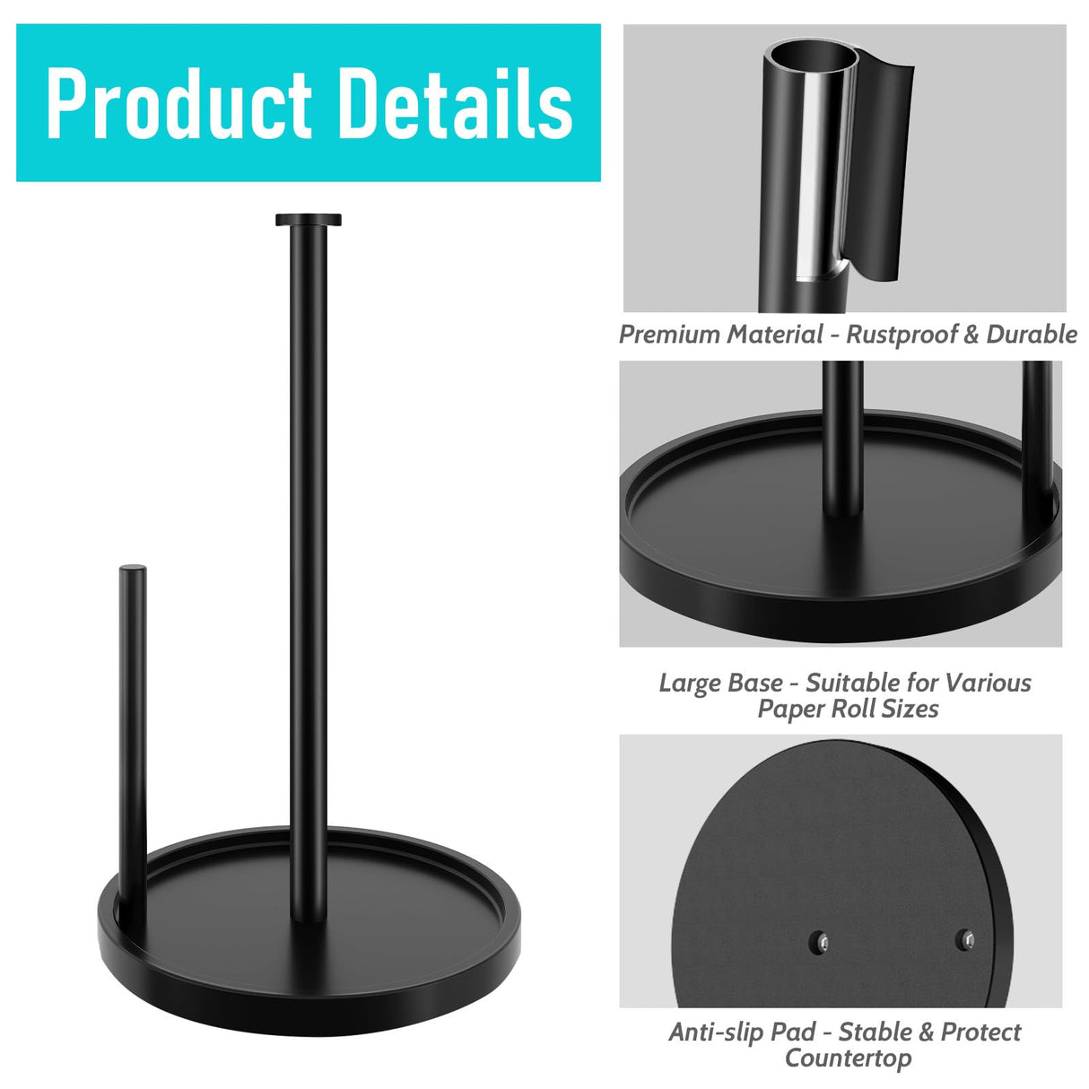 Paper Towel Holder Countertop, Standing Paper Roll Holder with Anti Slip Weighted Base, Stainless Steel Freestanding Paper Towel Holder for Kitchen, Black STWWO
