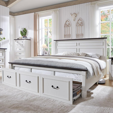 Aitjunz Farmhouse King Size Bed Frame with 51" Tall Headboard, Wood Platform Bed Frame with 20" Tall Roman Column Decoration Footboard & 3 Large Storage Drawers, No Box Spring Needed (White) Aitjunz