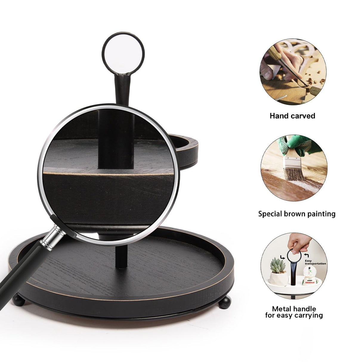 GENMOUS Black Farmhouse Tiered Tray Decor with Distressed Wood Bead Garlands, Wooden Tiered Tray Stand for Seasonal Display, Decorative 2 Tiered Serving Tray with Metal Handle for Rustic Home Décor GENMOUS & CO.