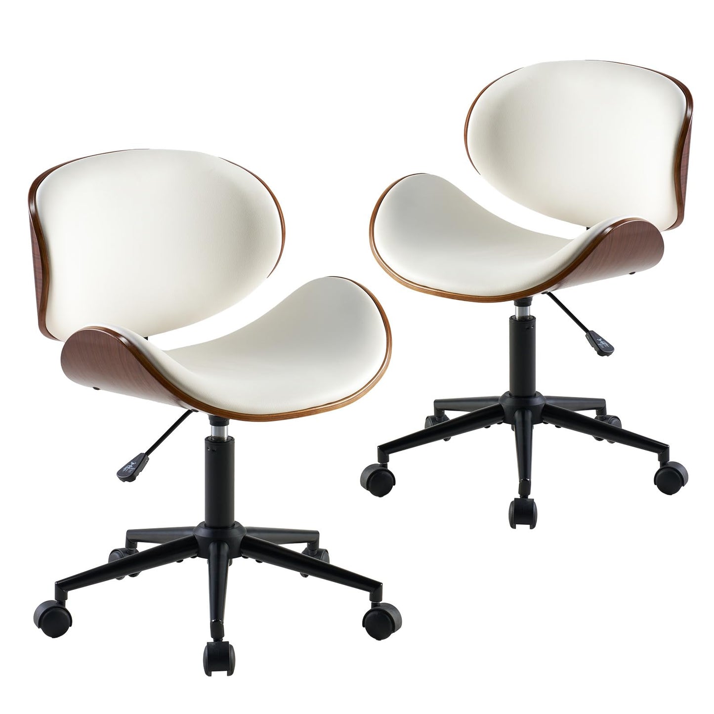 AMERLIFE Home Office Chair Set of 2, PU Leather Desk Chair, Modern Swivel Chair with Curved Back, Armless Desk Chair with Wheels for Home Office, White