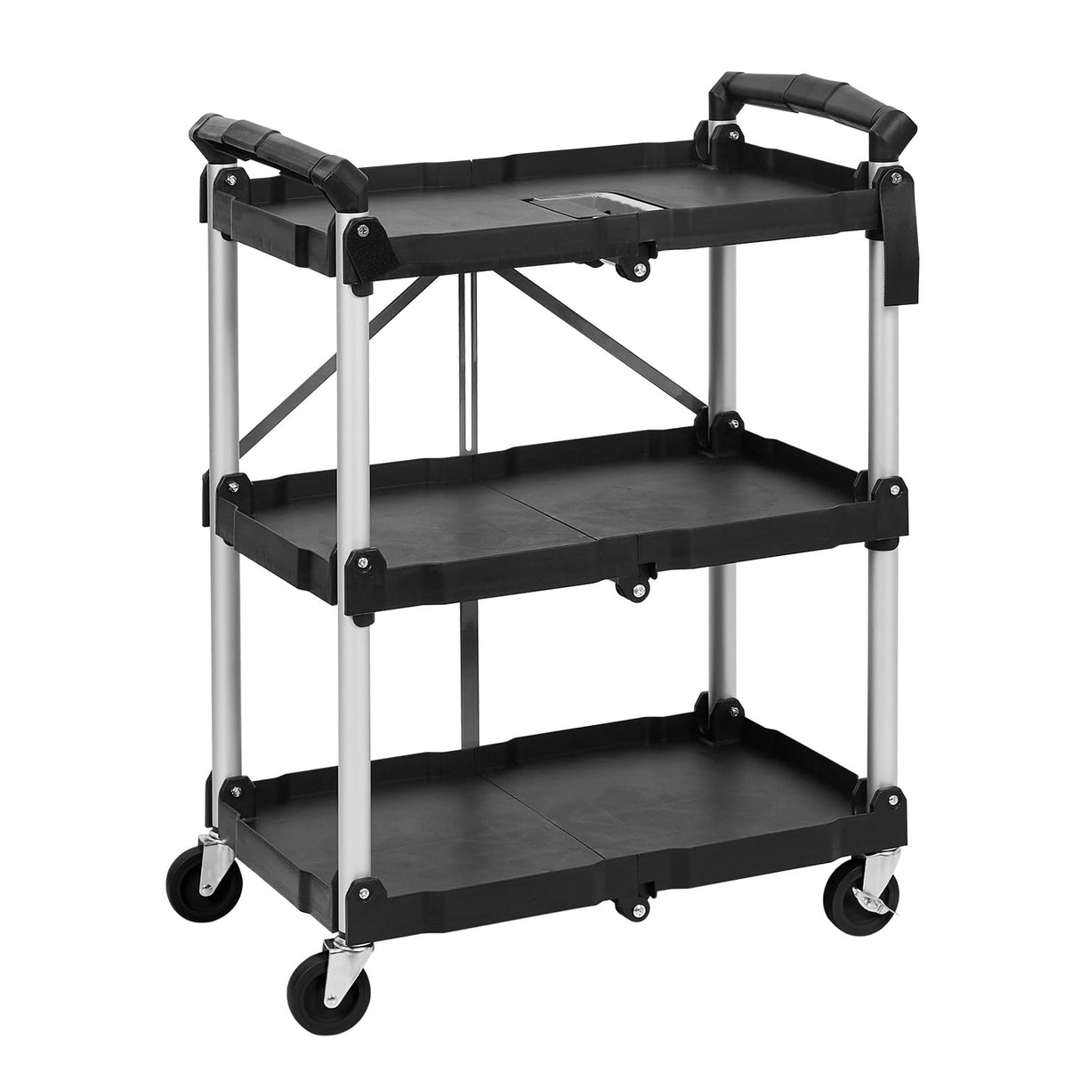 3 Tier Folding Rolling Utility Cart, Portable Collapsible Service Cart, 165 Lbs, Foldable Tool Cart with Dual Ergonomic Handles, Wheels for Warehouse, Home, Restaurant, Black EliteEdge