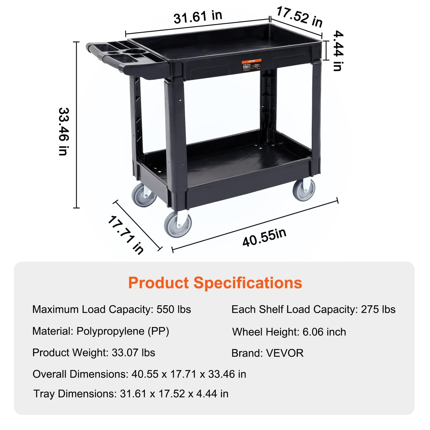 VEVOR Utility Service Cart, 2 Shelf 550LBS Heavy Duty Plastic Rolling Utility Cart, Medium Lipped Shelf, 360° Swivel Wheels, Ergonomic Storage Handle for Warehouse Garage, Black