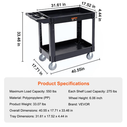 VEVOR Utility Service Cart, 2 Shelf 550LBS Heavy Duty Plastic Rolling Utility Cart, Medium Lipped Shelf, 360° Swivel Wheels, Ergonomic Storage Handle for Warehouse Garage, Black